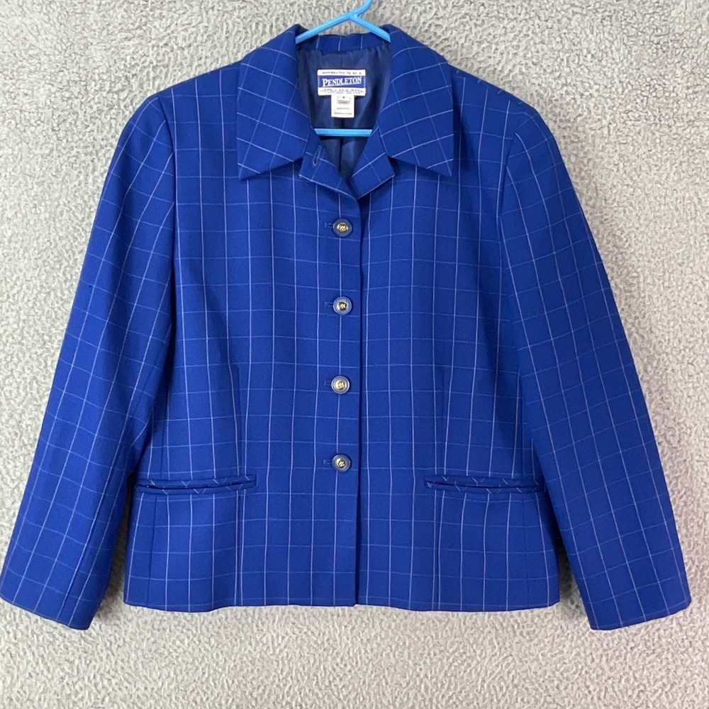 Pendleton Blazer Women 8‎ Blue Excellent Wool Windowpane Grid Button Front USA